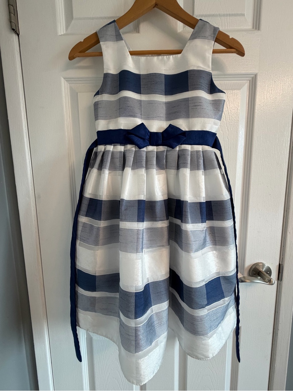Jona Michelle Navy, White and Gray Striped Bow-Accent Formal Dress